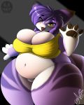  2018 4_fingers absurd_res anthro belly big_breasts big_thighs blush bottomless breasts claws cleavage clothed clothing cute_fangs deep_navel digital_media_(artwork) eyelashes female fur hair hi_res huge_breasts hyper hyper_breasts hyper_thighs kemono looking_at_viewer multicolored_fur multicolored_tail navel open_mouth overweight pawpads purple_fur purple_hair simple_background smile standing tight_clothing tongue tsukiyo unknown_species wave yellow_eyes yellow_shirt zoidberg656art 