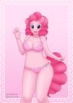  anthro anthrofied blue_eyes bra breasts cleavage clothed clothing cutie_mark female friendship_is_magic hair hi_res long_hair looking_at_viewer my_little_pony navel open_mouth panties pastelletta pink_hair pink_skin pinkie_pie_(mlp) smile solo standing thick_thighs thighs underwear 