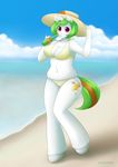  beach big_breasts bikini blush bottle breasts chubby cleavage clothed clothing cloud cutie_mark drinking equine female green_hair hair hat hi_res hooves horn horse looking_at_viewer mammal my_little_pony navel original_character outside pastelletta pink_eyes pony sea seaside short_hair sky smile solo standing straw swimsuit water white_skin 