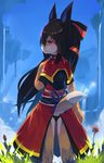  black_eyes black_hair blush canine chilon clothed clothing female flower fox grass hair hair_bow hi_res long_hair looking_at_viewer looking_back mammal outside raised_tail sky solo standing underwear 