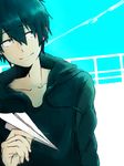  black_hair blue blue_background commentary day hood hoodie jito_(9srys) kagerou_project kisaragi_shintarou male_focus paper_airplane sad sky smile solo 