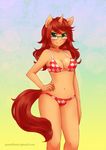  bikini breasts cleavage clothed clothing equine eyewear female glasses green_eyes hair horn long_hair looking_at_viewer mammal navel orange_skin pastelletta red_hair smile solo standing swimsuit thighs unicorn 