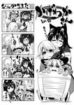  4koma :&lt; absurdres adapted_costume afro alternate_hairstyle animal_ears book braid bucket comic crying cutting_hair grass greyscale hair_ribbon hands_on_own_face hat head_fins highres imaizumi_kagerou in_bucket in_container japanese_clothes kirisame_marisa kouji_oota long_hair mirror monochrome multiple_girls pushcart ribbon sash short_hair side_braid smile tears touhou translated tress_ribbon wakasagihime witch_hat wolf_ears wooden_bucket younger 