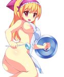  apron areola_slip areolae ass blonde_hair blush breasts highres karaage_teishoku_(regret1994) ladle large_breasts lid long_hair looking_at_viewer naked_apron nude open_mouth original red_eyes smile solo transparent_background 