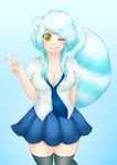  animal_ears animal_tail blue_fur blue_hair breasts cleavage clothed clothing female fur hair hi_res human legwear long_hair looking_at_viewer mammal necktie one_eye_closed pastelletta shirt skirt smile solo standing stockings thighs white_fur white_hair wink yellow_eyes 