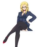  1girl baker_(gundam_bf) blonde_hair blue_eyes garter_belt glasses gundam gundam_build_fighters high_heels medium_hair semi-rimless_glasses solo thighhighs 