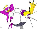  3_toes anthro avian bandanna bar_stool beak bird black_claws blue_eyes chair claws clothed clothing eyewear female foot_fetish foot_focus glasses hands_behind_head hindpaw necklace paws plain_background pose purple_feathers sega sitting soles solo sonic_(series) sonic_riders swallow_(bird) table talons toes wave_the_swallow white_background zp92 
