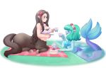  alpha_channel blue_skin breasts brown_fur brown_hair cake centaur cleavage clothed clothing cup equine eyes_closed female flower food fur green_eyes green_hair hair hooves human long_hair looking_down mammal mermaid necklace open_mouth outside pastelletta pointy_ears purple_skin shell shirt sitting smile taur tea 