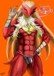  abs anthro avian biceps bird blaziken blue_eyes bulge chicken claws clothed clothing fur hair kk_erotix long_hair looking_at_viewer male muscles nintendo nipples orange_background pecs plain_background pok&#233;mon pok&eacute;mon red_fur solo standing thong topless underwear video_games yellow_sclera 