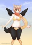  amber_eyes animal_ears avian bikini bird black_feathers blonde_hair breasts cat_ears cleavage clothed clothing crow fangs feathers female hair human hybrid looking_at_viewer mammal pastelletta scarf short_hair smile solo standing swimsuit teeth under_boob wings 