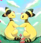 ampharos artist_name black_eyes black_sclera closed_eyes cloud commentary flower grass highres holding_hands no_humans outdoors petals pokemon pokemon_(creature) purpleninfy sitting sky smile x) 