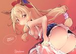  ass blonde_hair bloomers bloomers_pull blush bow breasts brown_eyes character_name hair_bow horns ibuki_suika kedama_milk long_hair looking_at_viewer pointy_ears sideboob simple_background sketch small_breasts smile solo touhou underwear 