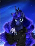  blue_eyes blue_fur blue_hair equine feathers female feral friendship_is_magic fur hair hi_res horn horseshoe leather_jacket long_hair looking_at_viewer mammal mane my_little_pony night pridark princess_luna_(mlp) shaded sky solo stars tiara winged_unicorn wings 