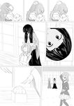  animal_ears beans blazer bow bunny_ears comic dress greyscale hair_bow hair_ribbon houraisan_kaguya jacket leg_hug long_hair mamemaki monochrome multiple_girls ponytail reisen ribbon setsubun shamisen_(syami_sen) silent_comic touhou watatsuki_no_yorihime 