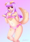  &lt;3 bikini bracelet brown_fur canine collar dog ear_piercing female fur hair jewelry looking_at_viewer mammal navel pastelletta piercing pink_background pink_eyes pink_nose plain_background purple_hair smile solo swimsuit thighs tongue tongue_out 