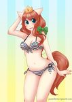  bikini blue_eyes bow breasts brown_hair cleavage clothed clothing crown equine female hair horse long_hair looking_at_viewer mammal navel oink_skin pastelletta pony smile solo standing swimsuit thighs 