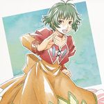  :d back_bow blue_background bow brown_eyes choker cropped_jacket dress farah_oersted fighting_stance green_hair mishiro_(andante) open_mouth orange_dress red_choker short_hair smile solo tales_of_(series) tales_of_eternia 