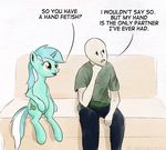  english_text equine female friendship_is_magic fur green_fur green_hair hair horn human lyra_heartstrings_(mlp) male mammal my_little_pony sofa text unicorn yellow_eyes 