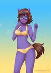  bikini breasts brown_hair cleavage clothed clothing equine eyewear female glasses hair horn looking_at_viewer mammal navel pastelletta purple_skin short_hair solo standing surprise swimsuit thighs unicorn 
