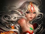  &#332;kami ?kami animal_ears bigger_version_at_the_source blue_eyes canine deity fangs female fire game hair human looking_at_viewer mammal necklace sakimichan tattoo video_games white_hair wolf wolf_ears 