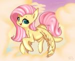  cloud equine female feral fluttershy_(mlp) flying friendship_is_magic fur hair happy long_hair looking_at_viewer mammal my_little_pony open_mouth outside pegasus pink_hair smile solo tesuai wings yellow_fur 