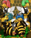  arthropod bee blue_hair blush clothed clothing crown elbow_gloves female fid gloves green_eyes green_hair hair half-closed_eyes insect long_hair lying maid maid_uniform princess pussy pussy_juice queen red_hair royalty short_hair wet_pussy wings 