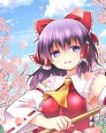  ascot blue_sky bow cherry_blossoms cloud day detached_sleeves dress gohei hair_bow hair_tubes hakurei_reimu looking_at_viewer open_mouth purple_eyes purple_hair red_dress satou_yuuki sky smile solo touhou tree wide_sleeves 