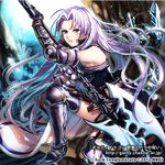  .hack//zero 1girl 2012 armor axe black_armor boots brown_eyes carl_(.hack//) chachie copyright_name expressionless facial_mark gloves greaves guilty_dragon holding holding_axe knee_boots long_hair one_knee polearm purple_hair solo tattoo watermark weapon web_address 