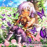  .hack//tasogare_no_udewa_densetsu 1girl 2012 bikini_top boots braid bug butterfly chachie copyright_name flipped_hair flower full_body guilty_dragon insect knee_boots kunisaki_rena miniskirt pantyhose pink_flower pink_rose purple_hair purple_legwear red_eyes rose short_hair side_braid sitting skirt smile solo watermark web_address 