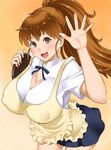  absurdres apron artist_name breasts brown_background brown_eyes brown_hair cleavage covered_nipples gradient gradient_background highres huge_breasts long_hair looking_at_viewer open_mouth ponytail skirt smile solo taneshima_popura tray waitress waving working!! zonda_(solid_air) 