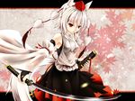  animal_ears bare_shoulders breasts detached_sleeves hat highres inubashiri_momiji inyuppo katana looking_at_viewer medium_breasts pom_pom_(clothes) red_eyes short_hair silver_hair skirt solo sword tail tokin_hat touhou weapon weapon_bag wolf_ears 