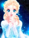  blonde_hair blue_eyes braid elsa_(frozen) eyeshadow frozen_(disney) glitter hair_over_shoulder hands_clasped lipstick long_sleeves looking_at_viewer makeup own_hands_together signature single_braid solo yina 