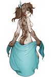  back_turned blue_eyes breasts brown_hair butt canine cat feline female fur grey_fur hair hybrid kathrin_(twokinds) keidran leopard looking_at_viewer mammal nude plain_background smile snow_leopard solo standing tom_fischbach towel twokinds white_background 