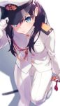  aiguillette black_hair blue_eyes commentary_request gloves hat highres jonsun long_hair looking_at_viewer military military_hat military_uniform naval_uniform pants peaked_cap saber_(weapon) solo ssss.gridman sword takarada_rikka uniform weapon white_background white_gloves white_pants white_uniform 