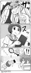  2girls ball comic computer glasses greyscale hakodate_omiko inumuta_houka kill_la_kill laptop mankanshoku_mako monochrome mouse_(computer) multiple_girls papa school_uniform tennis_ball translation_request 