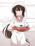  :o alternate_hairstyle apron black_hair blush housewife japanese_clothes kappougi kimono long_hair long_sleeves looking_at_viewer open_mouth original oven_mitts ponytail pot red_eyes solo tenugui very_long_hair yutamaro 
