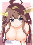  ahoge akata_itsuki bare_shoulders blue_eyes breast_hold breasts brown_hair detached_sleeves double_bun hairband headgear japanese_clothes kantai_collection kongou_(kantai_collection) large_breasts long_hair nipples smile solo wide_sleeves 