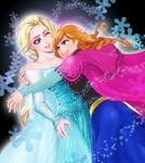  :d anna_(frozen) bad_id bad_pixiv_id bare_shoulders blonde_hair blue_dress braid cape dress dutch_angle elsa_(frozen) eyeshadow frozen_(disney) hand_on_another's_head hug long_hair long_sleeves makeup mr.jj multiple_girls one_eye_closed open_mouth siblings sisters smile twin_braids wince 
