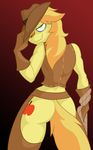  anthro anthrofied blonde_hair braeburn_(mlp) butt chaps clothing cowboy_hat cutie_mark equine friendship_is_magic gloves green_eyes hair hat horse jrvanesbroek leather looking_at_viewer looking_back male mammal my_little_pony pony rope smile solo vest 
