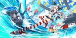  &gt;_&lt; anchor black_panties blonde_hair boots closed_eyes elbow_gloves gloves hair_ornament kantai_collection kusakanmuri long_hair majokko_(kantai_collection) multiple_girls panties rashinban_musume rensouhou-chan shimakaze_(kantai_collection) skirt striped striped_legwear thighhighs underwear white_gloves 