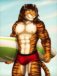  abs anthro biceps blue_eyes body_markings brown_fur brown_hair bulge clothing dream_and_nightmare fangs feline fur grin hair male mammal markings muscles night_(dream_and_nightmare) nipples orange_fur pecs pink_nose pose scar shorts smile solo standing stripes surfboard swimsuit tan_fur teeth tiger toned topless 