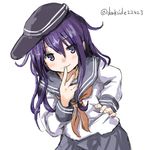  akatsuki_(kantai_collection) blush darkside hand_on_hip hat kantai_collection long_hair looking_at_viewer neckerchief open_mouth purple_eyes purple_hair red_neckwear school_uniform serafuku skirt smile solo 