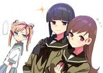  3girls abukuma_(kantai_collection) black_hair blue_eyes braid brown_hair commentary_request kantai_collection kitakami_(kantai_collection) looking_at_another multiple_girls ooi_(kantai_collection) purple_eyes red_eyes school_uniform serafuku together twintails walking yomosaka 