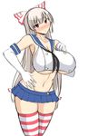  1girl bare_shoulders blonde_hair blush breasts curvy elbow_gloves female fujiwara_no_mokou gloves hair_ornament hair_ribbon huge_breasts kantai_collection legwear long_hair miniskirt mound_of_venus musuka_(muska) navel no_panties red_eyes ribbon shimakaze_(kantai_collection) shimakaze_(kantai_collection)_(cosplay) shirt silver_hair simple_background skirt solo standing striped striped_legwear striped_thighhighs thighhighs thighs touhou underboob white_background white_gloves 