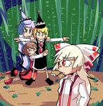  @_@ bamboo bamboo_forest blonde_hair blue_eyes bow brown_hair cigarette closed_eyes forest frown fujiwara_no_mokou hair_bow hat hat_removed headwear_removed hug hug_from_behind kneeling lavender_hair looking_at_another lunasa_prismriver lyrica_prismriver merlin_prismriver multiple_girls nature outstretched_arms red_eyes setz skirt skirt_set smoking spread_arms suspenders sweat touhou white_hair wide-eyed yellow_eyes 