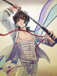  axis_powers_hetalia belt black_hair drawing_sword gradient gradient_background homutatu jacket japan_(hetalia) katana male_focus open_clothes open_jacket pectorals ribbon sarashi sheath solo sword unsheathing weapon 