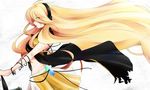  blonde_hair compact_disc green_eyes headphones highres lily_(vocaloid) long_hair md5_mismatch midriff solo very_long_hair vocaloid yuuya 