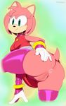  amy_rose anthro anus bottomless butt clothed clothing female fur gloves green_eyes hair hedgehog legwear mammal pink_fur pink_hair presenting pussy rubber sega shiny simple_background solo sonic_(series) stockings sunibee 