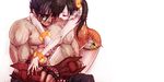  1girl bad_id bad_pixiv_id black_hair bracelet chinese_clothes closed_eyes couple gloves hetero hug hug_from_behind inuhiko_(istdog) jewelry kazama_jin ling_xiaoyu muscle orange_shirt shirt shirtless short_hair shorts side_ponytail sitting smile tekken white_background yellow_eyes 