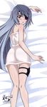  absurdres ass bed_sheet blush dakimakura eyepatch full_body highres infinite_stratos laura_bodewig logo long_hair looking_at_viewer lying naked_towel official_art on_stomach red_eyes shiny shiny_skin silver_hair solo thigh_strap towel 